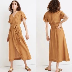 Madewell Mustard Yellow Linen Blend Dolman Sleeve Tie Waist Midi Dress Size XS